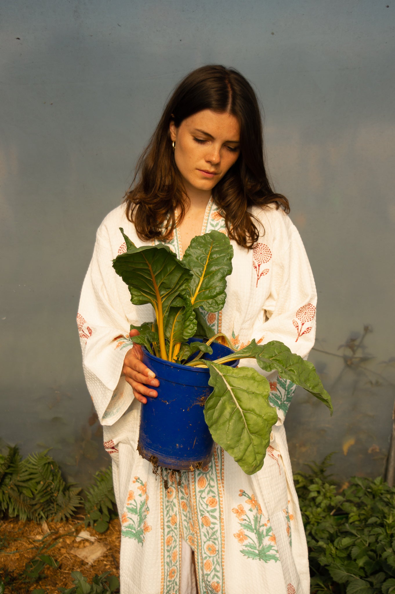 Cotton Waffle Indian Block Print Dressing Gown - Peach and Burgundy Flower