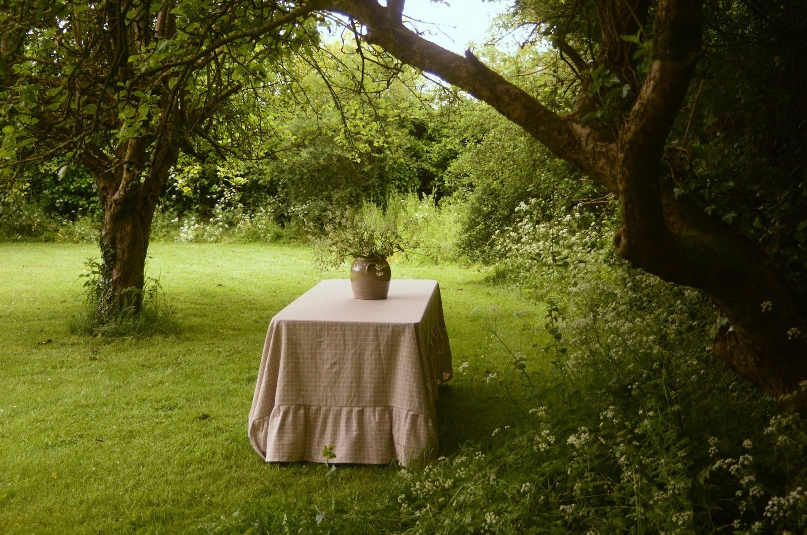 Beige Check Ruffle Tablecloth
