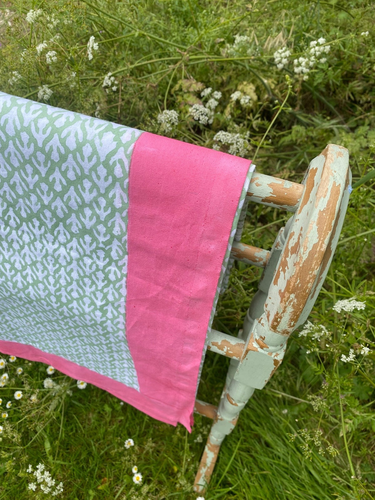 SECONDS Indian Block Print Tablecloth - Sage, White and Pink