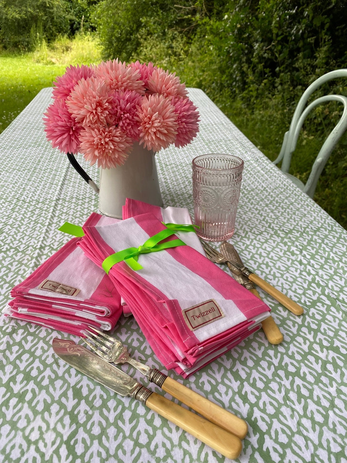 SECONDS Indian Block Print Tablecloth - Sage, White and Pink