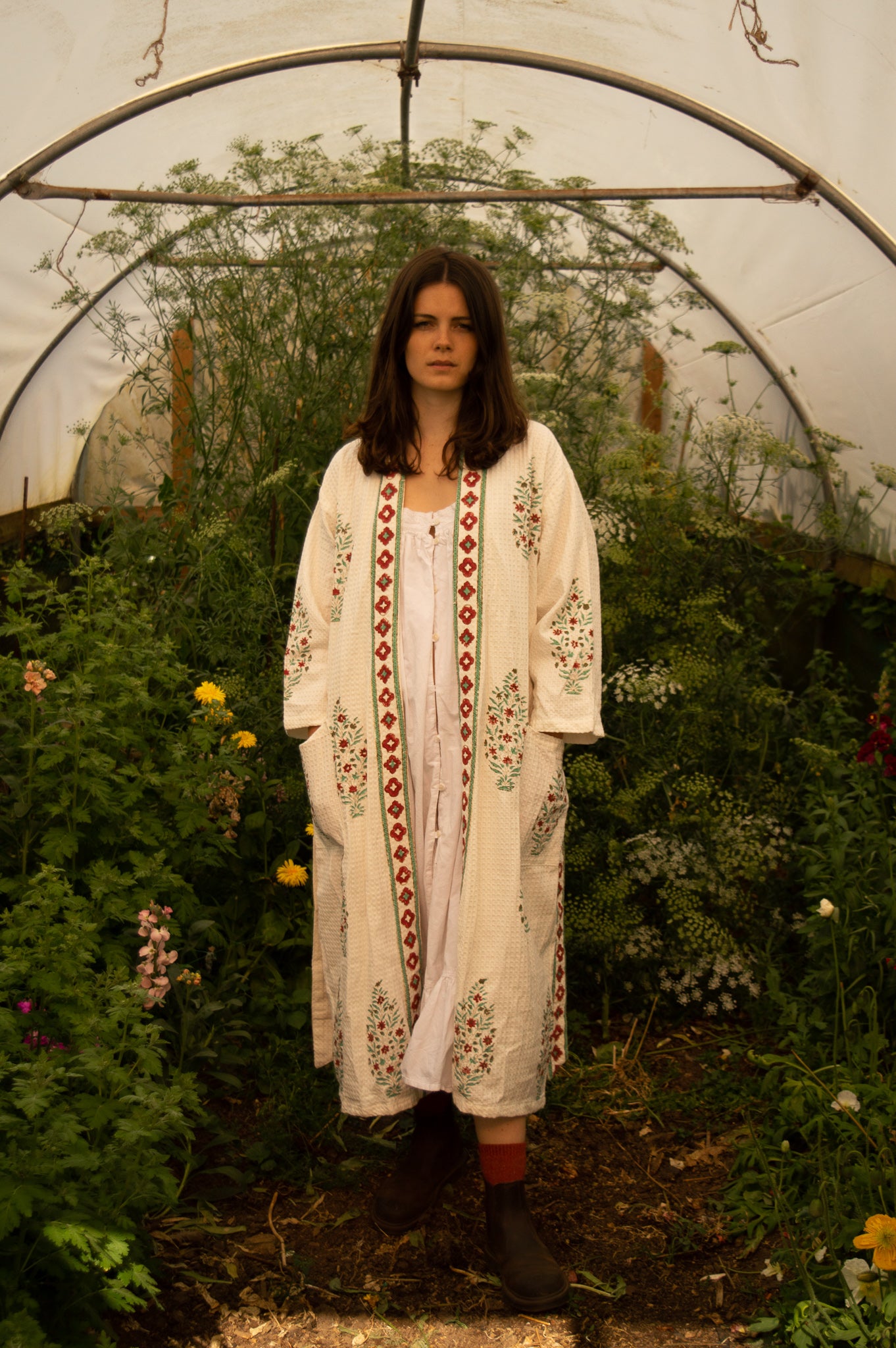 Cotton Waffle Indian Block Print Dressing Gown - Burgundy Tree