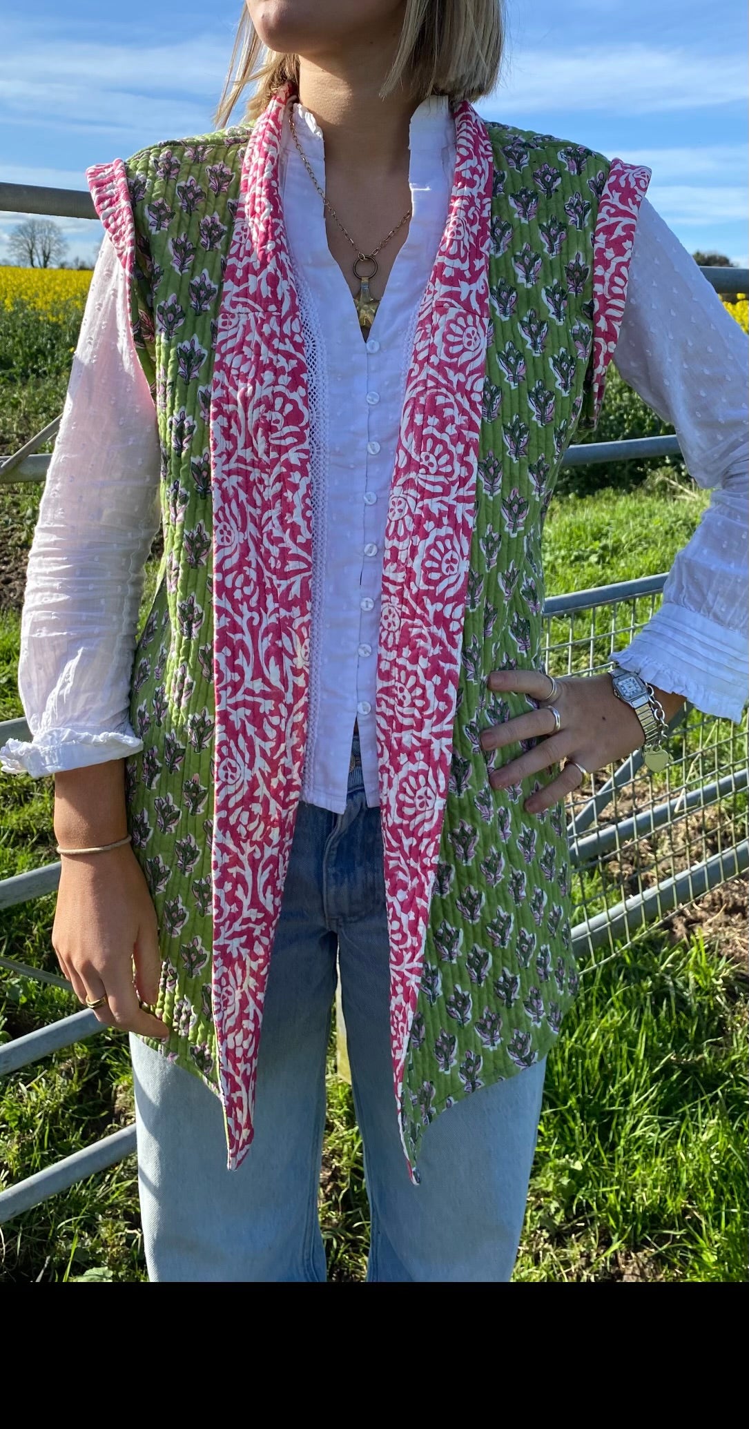 Reversible Quilted Gilet - Green and Pink