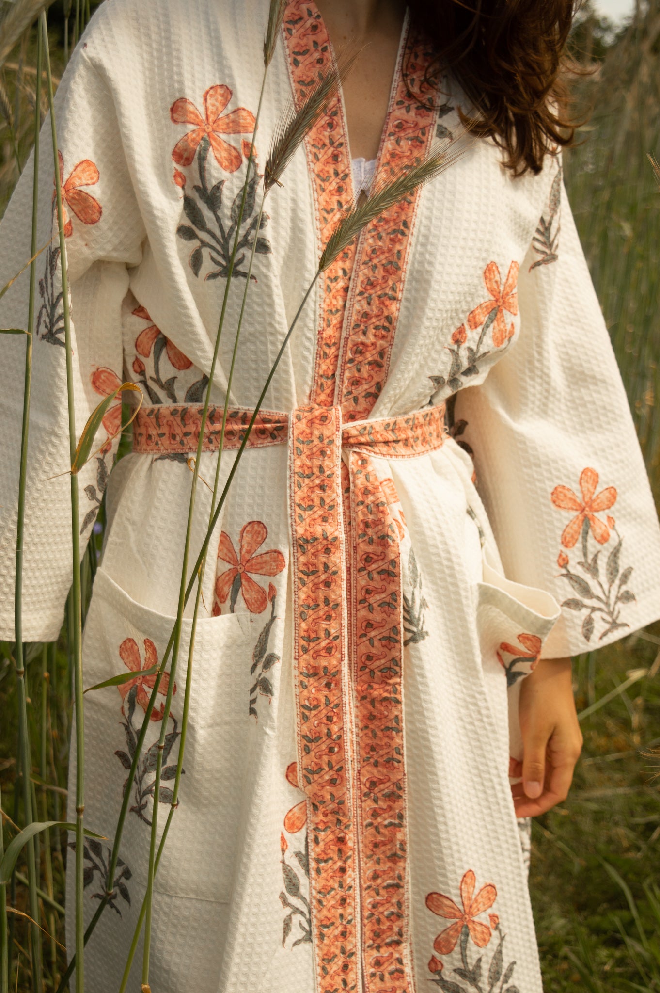 Cotton Waffle Indian Block Print Dressing Gown - Peach Flowers