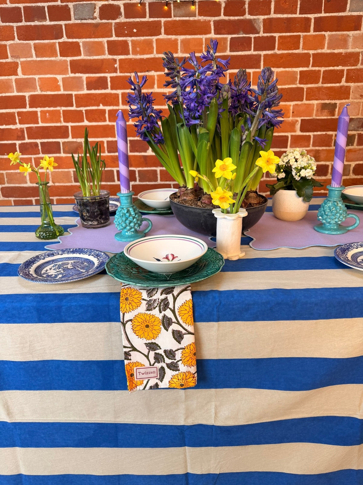 Blue and Beige Stripe Tablecloth