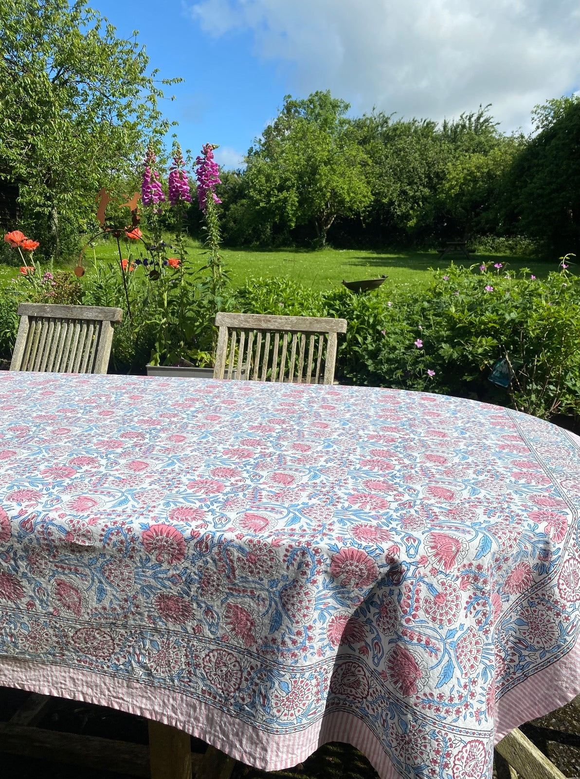 Indian Block Print Tablecloth - Blue and Pink