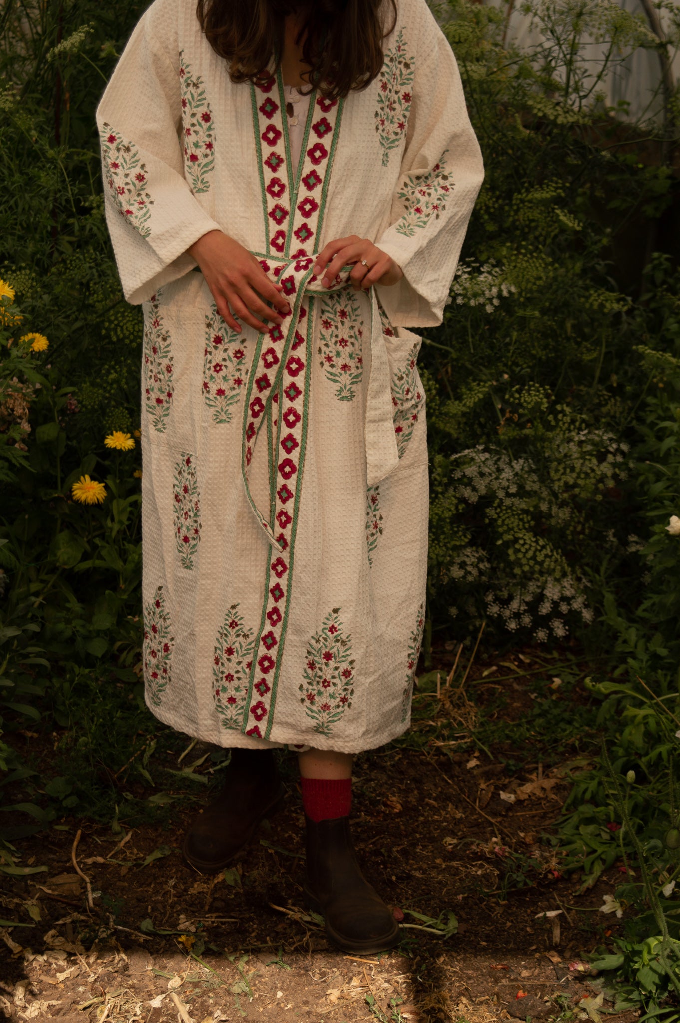 Cotton Waffle Indian Block Print Dressing Gown - Burgundy Tree