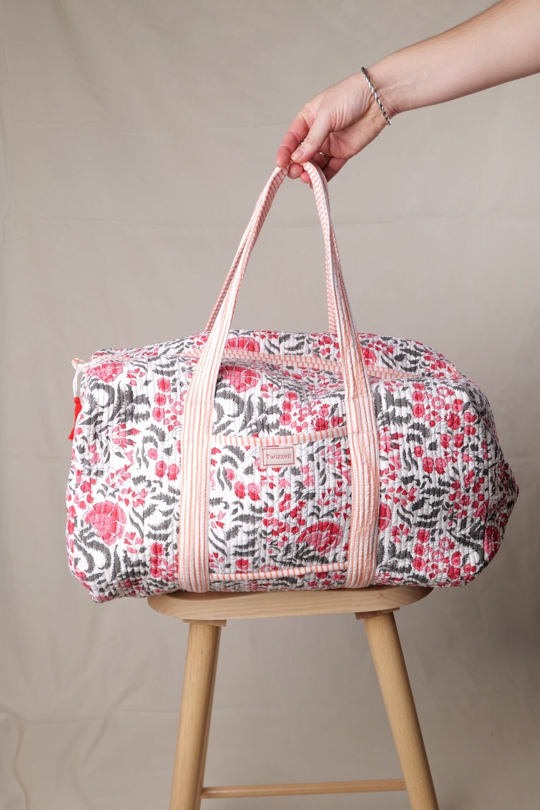 Indian Block Print Weekend Bag - Grey and Pink
