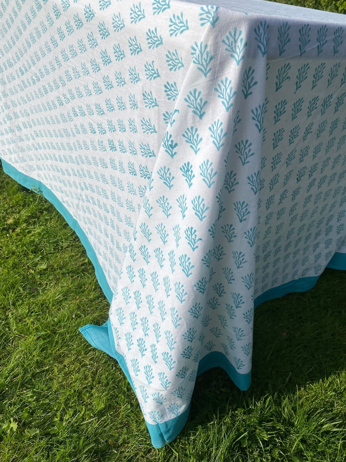 Indian Block Print Tablecloth - Blue Coral