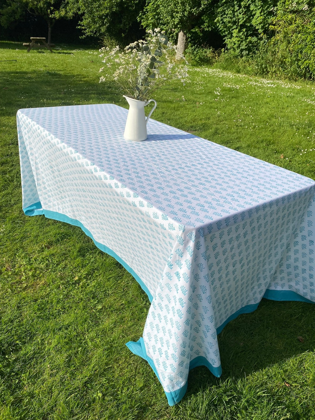 Indian Block Print Tablecloth - Blue Coral