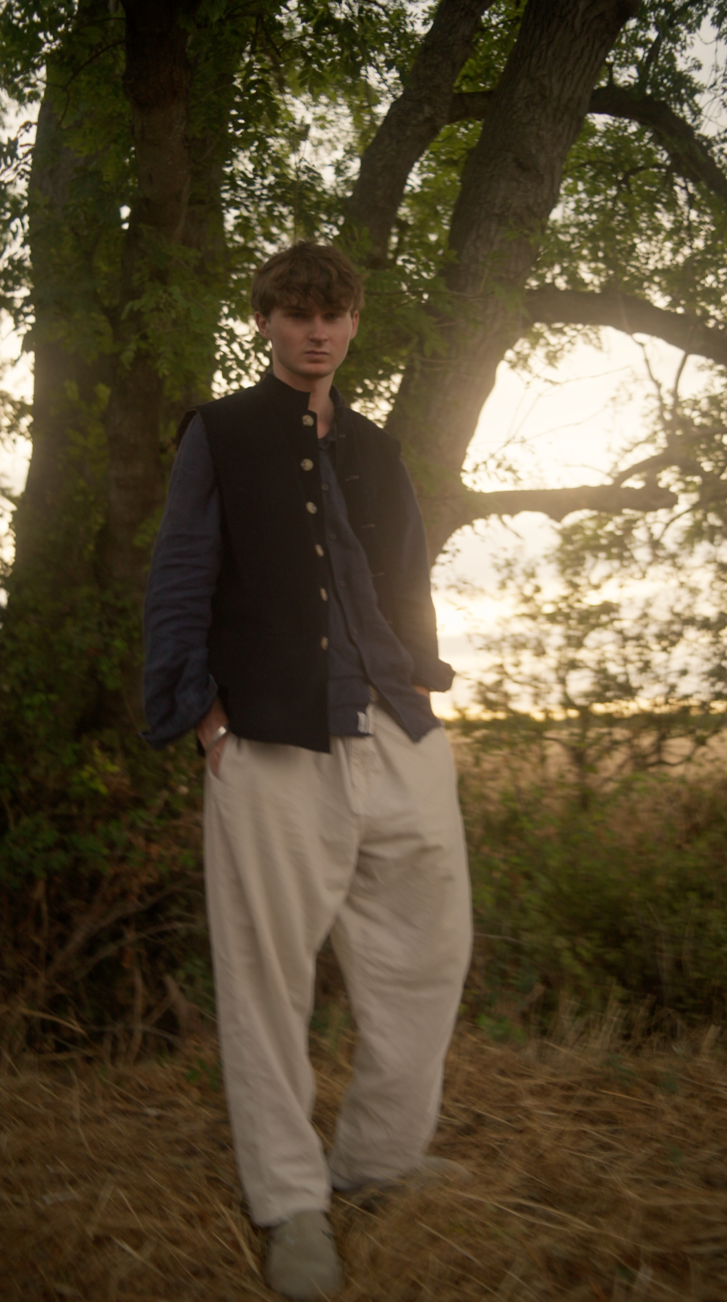 Nehru Jacket Navy and Tan Corduroy