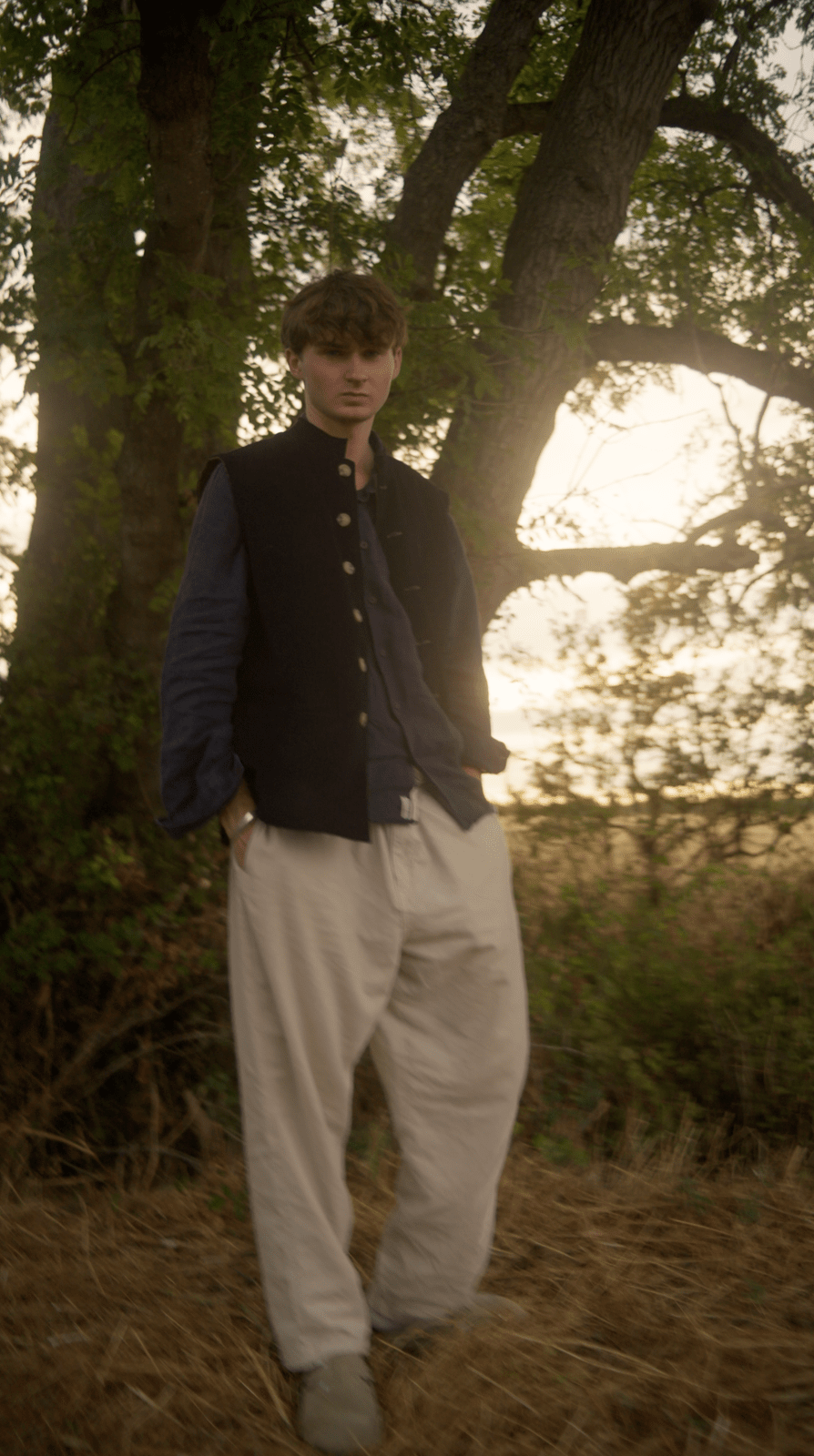 Nehru Jacket Navy and Tan Corduroy