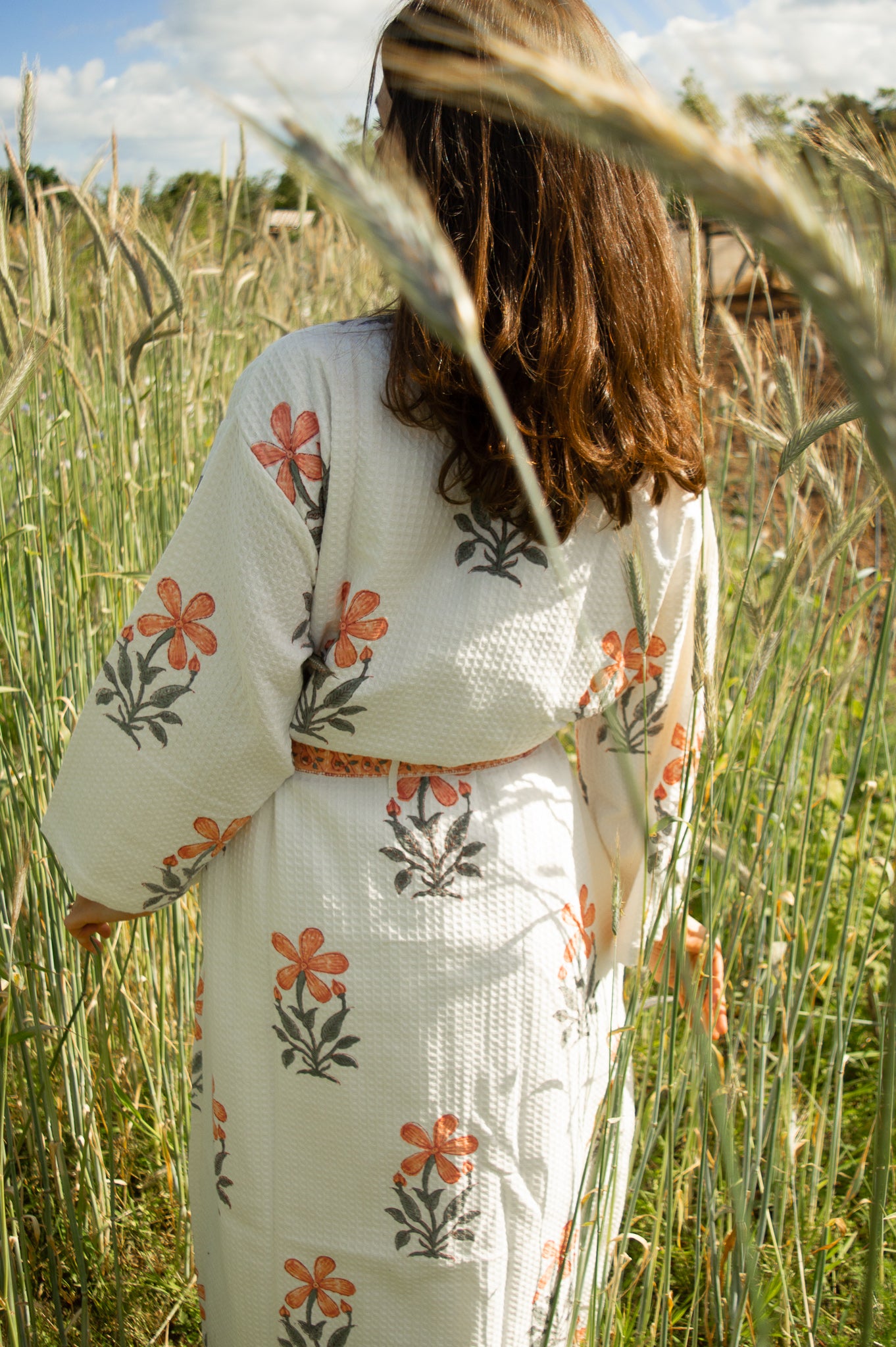 Cotton Waffle Indian Block Print Dressing Gown - Peach Flowers
