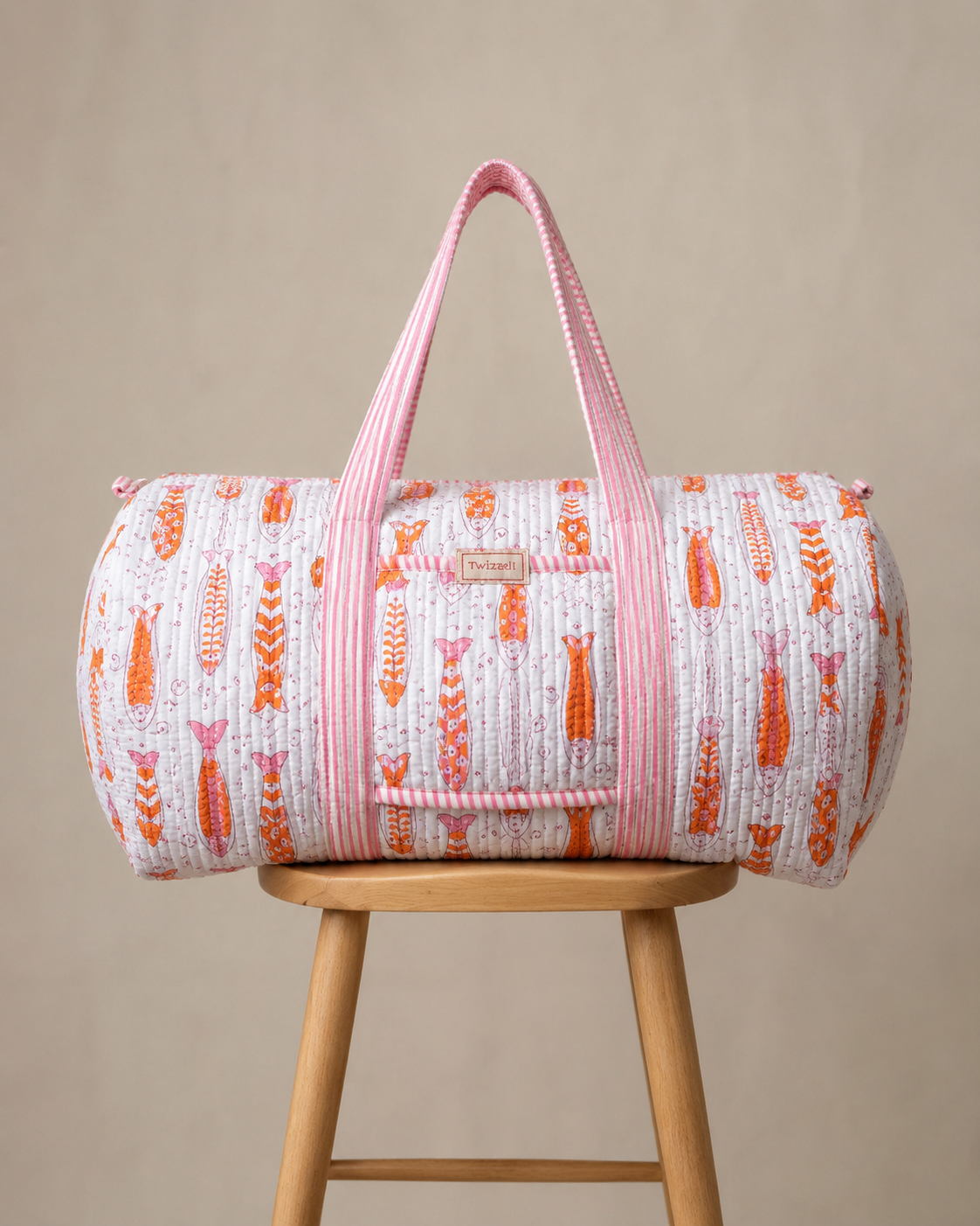 Indian Block Print Weekend Bag - Pink Fish Spritz