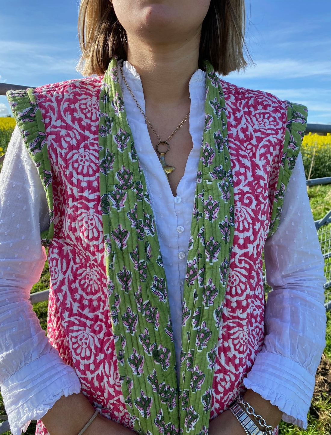 Reversible Quilted Gilet - Green and Pink