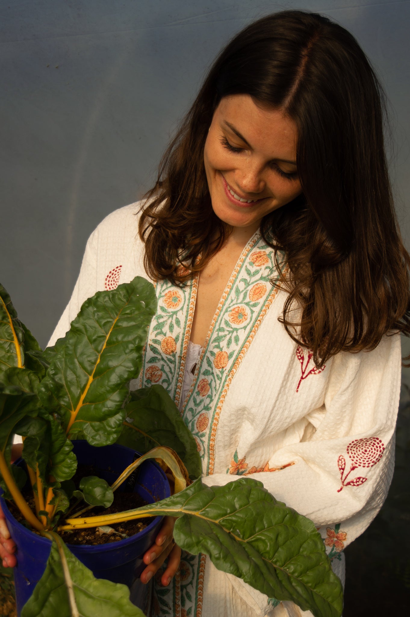 Cotton Waffle Indian Block Print Dressing Gown - Peach and Burgundy Flower