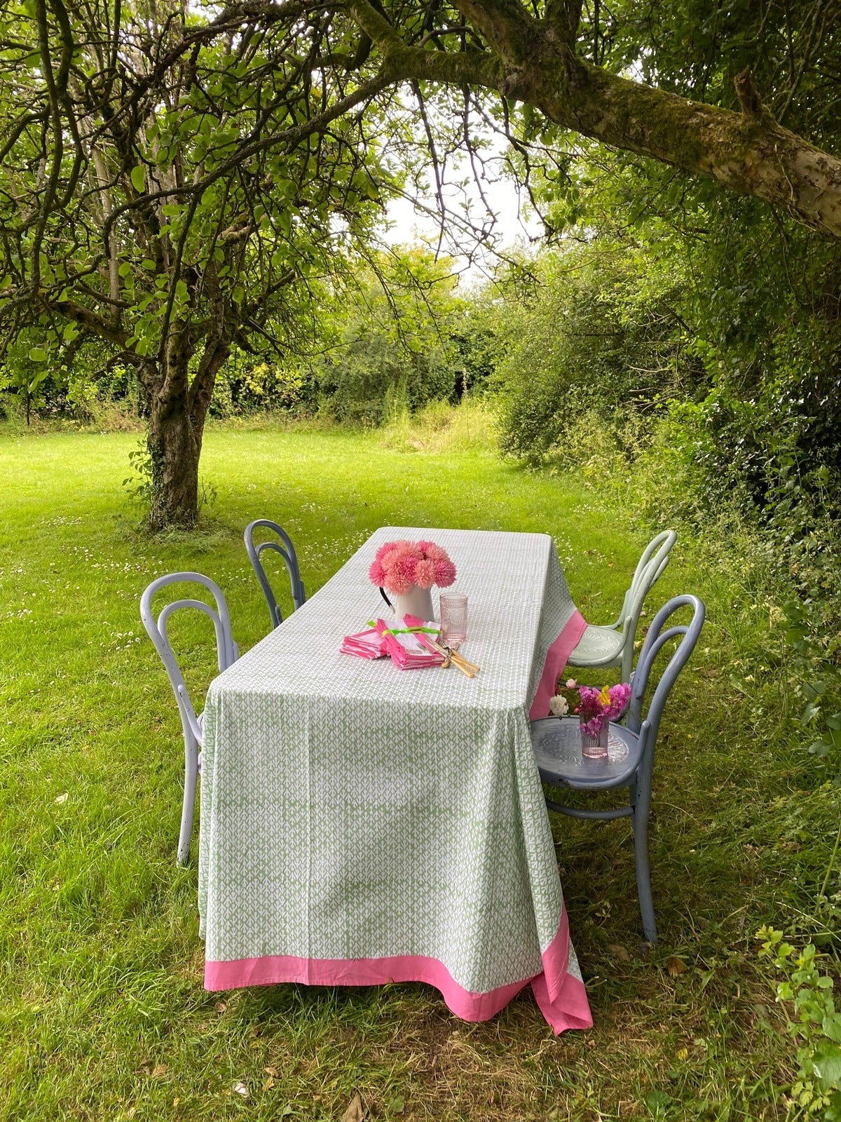 SECONDS Indian Block Print Tablecloth - Sage, White and Pink
