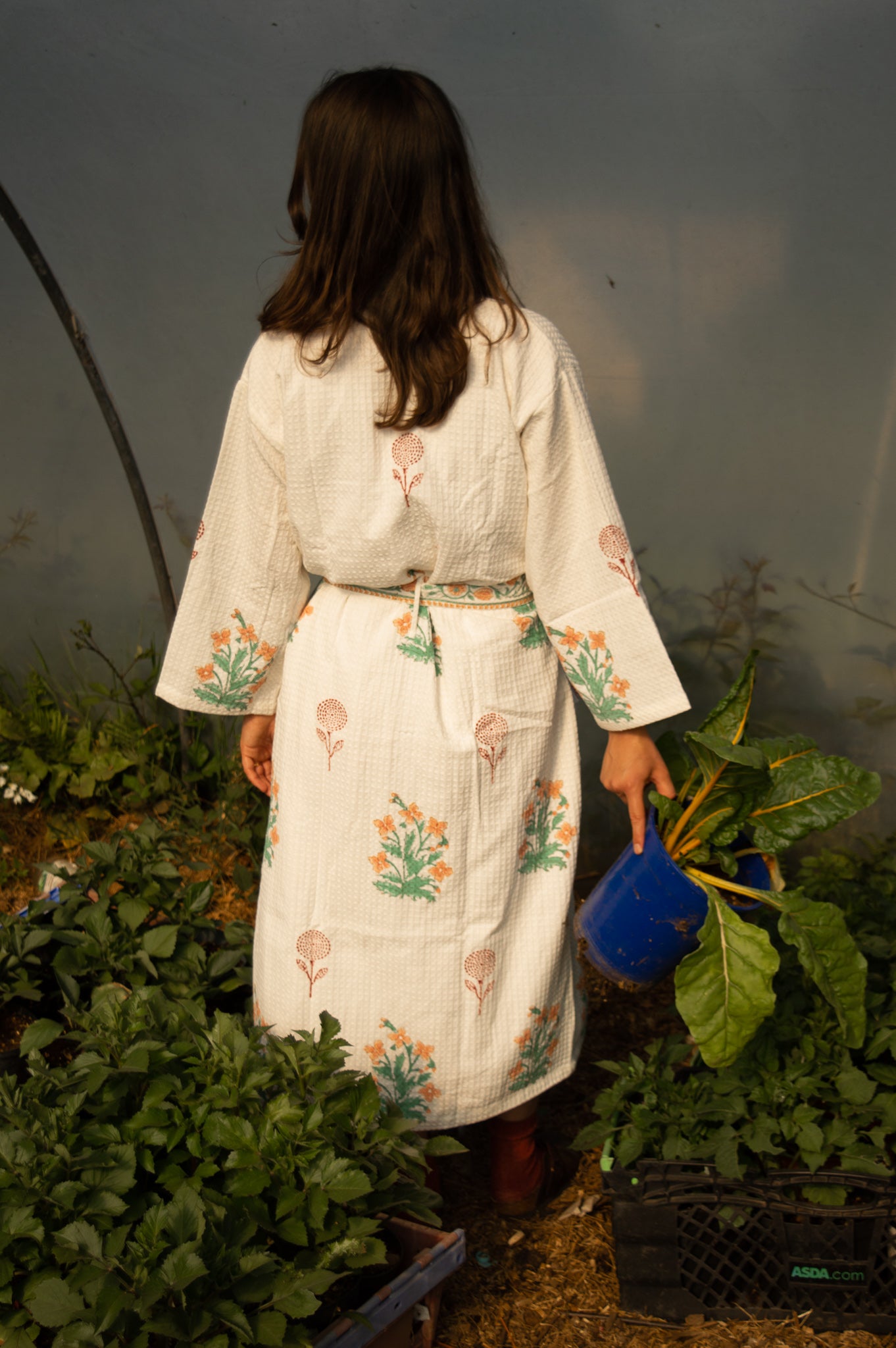 Cotton Waffle Indian Block Print Dressing Gown - Peach and Burgundy Flower