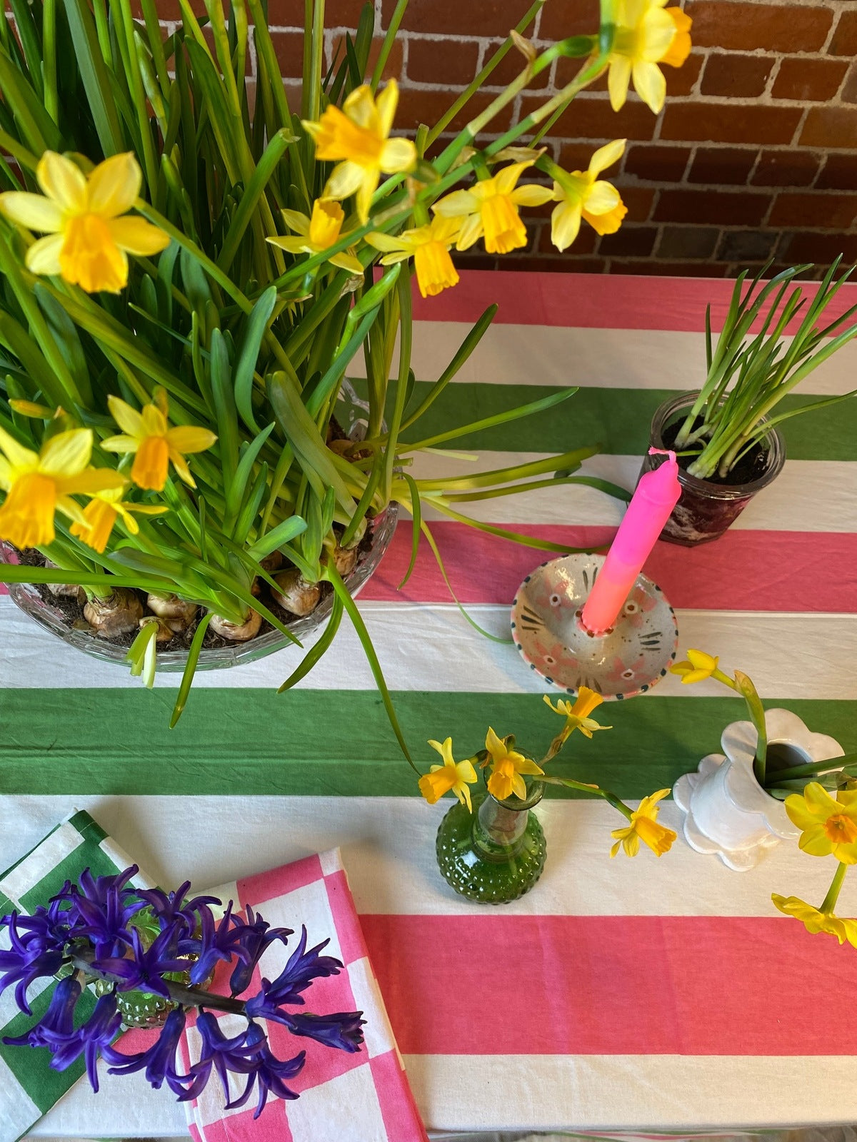 Pink, Sage and White Stripe Tablecloth