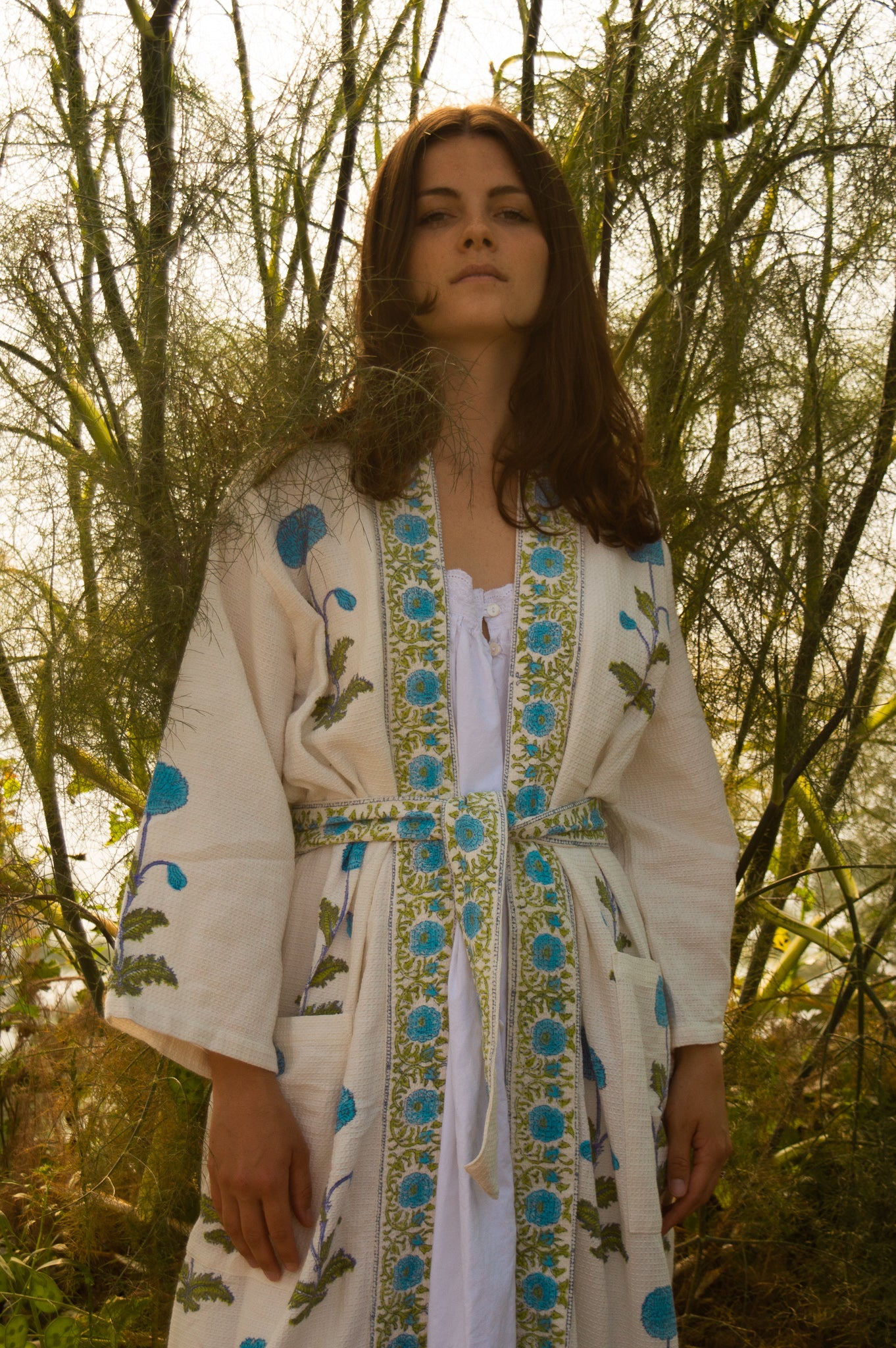 Cotton Waffle Indian Block Print Dressing Gown - Blue Pom Pom Flower