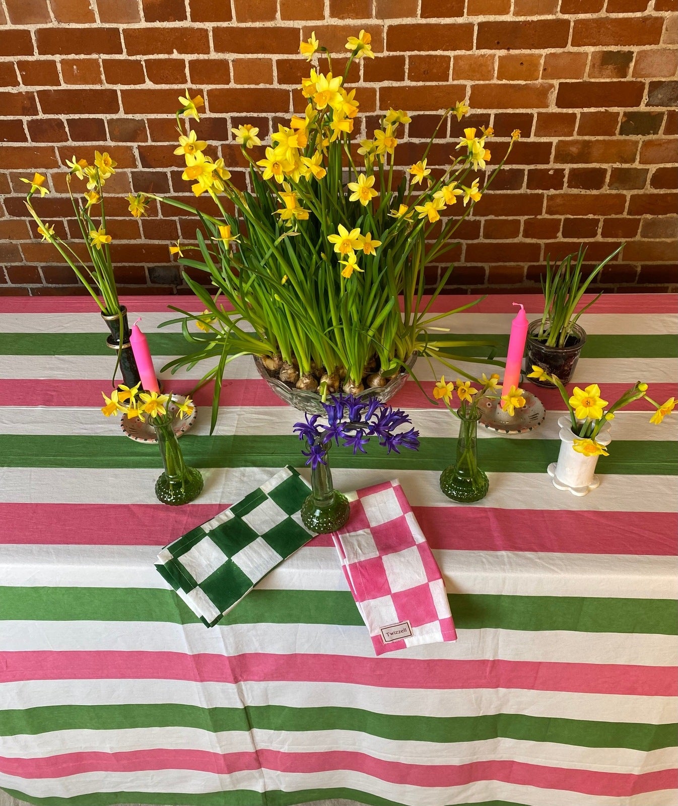 Pink, Sage and White Stripe Tablecloth