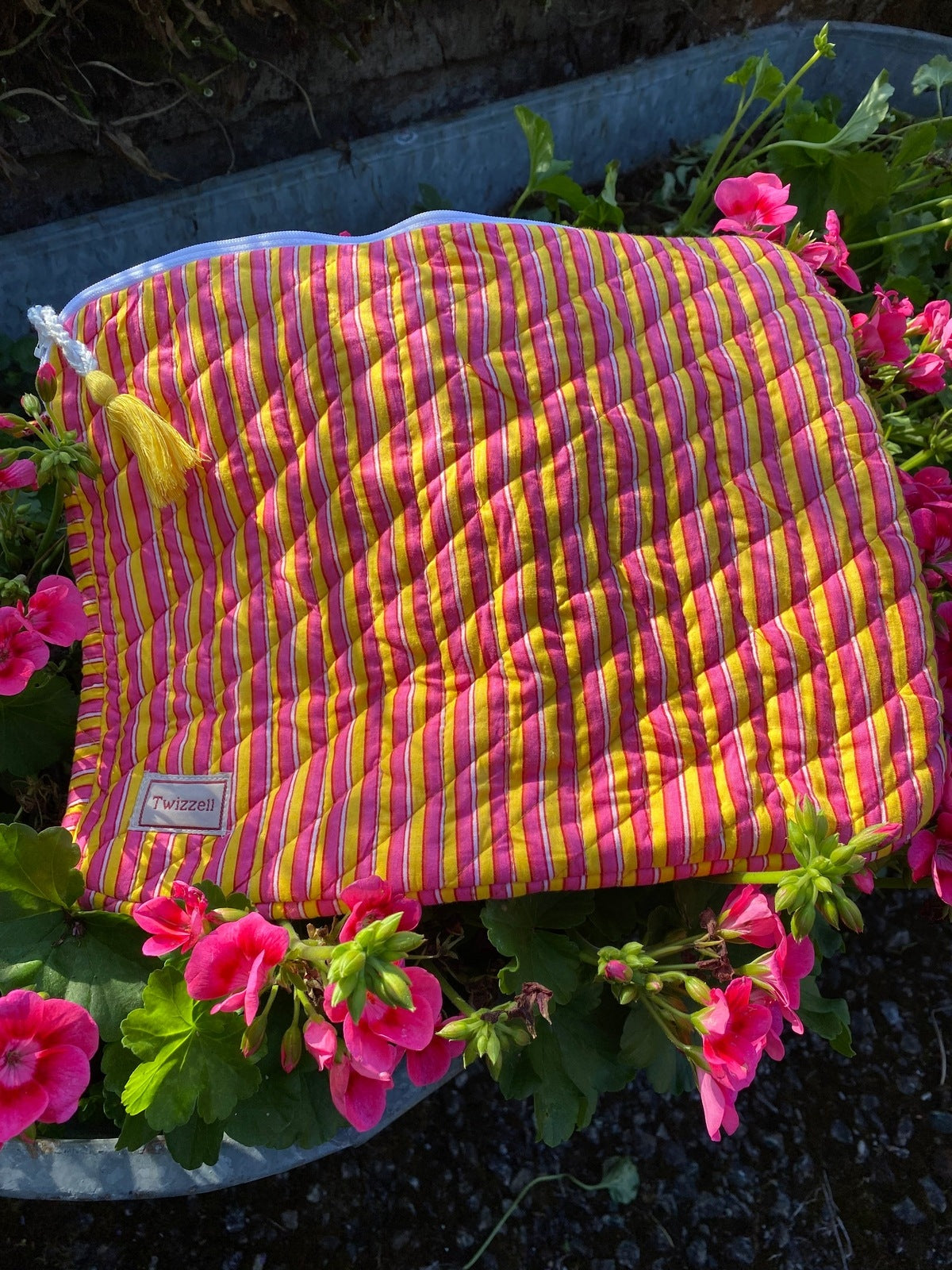 Indian Block Print Laptop Pouch - Geometric Pink Stripe