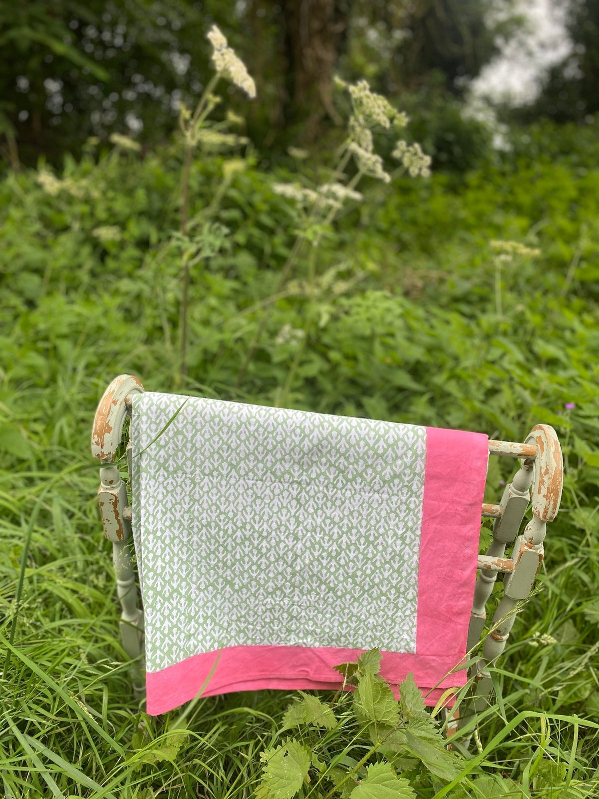 SECONDS Indian Block Print Tablecloth - Sage, White and Pink