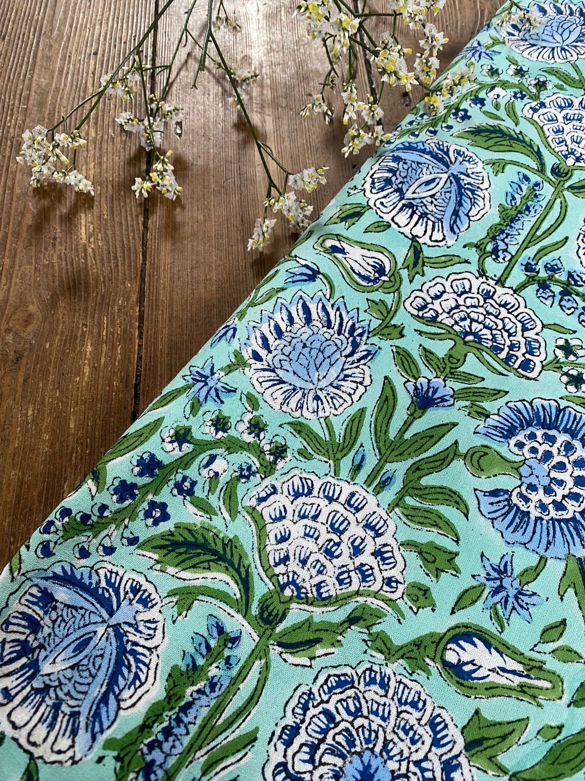 Indian Block Print Tablecloth - Green and Blue