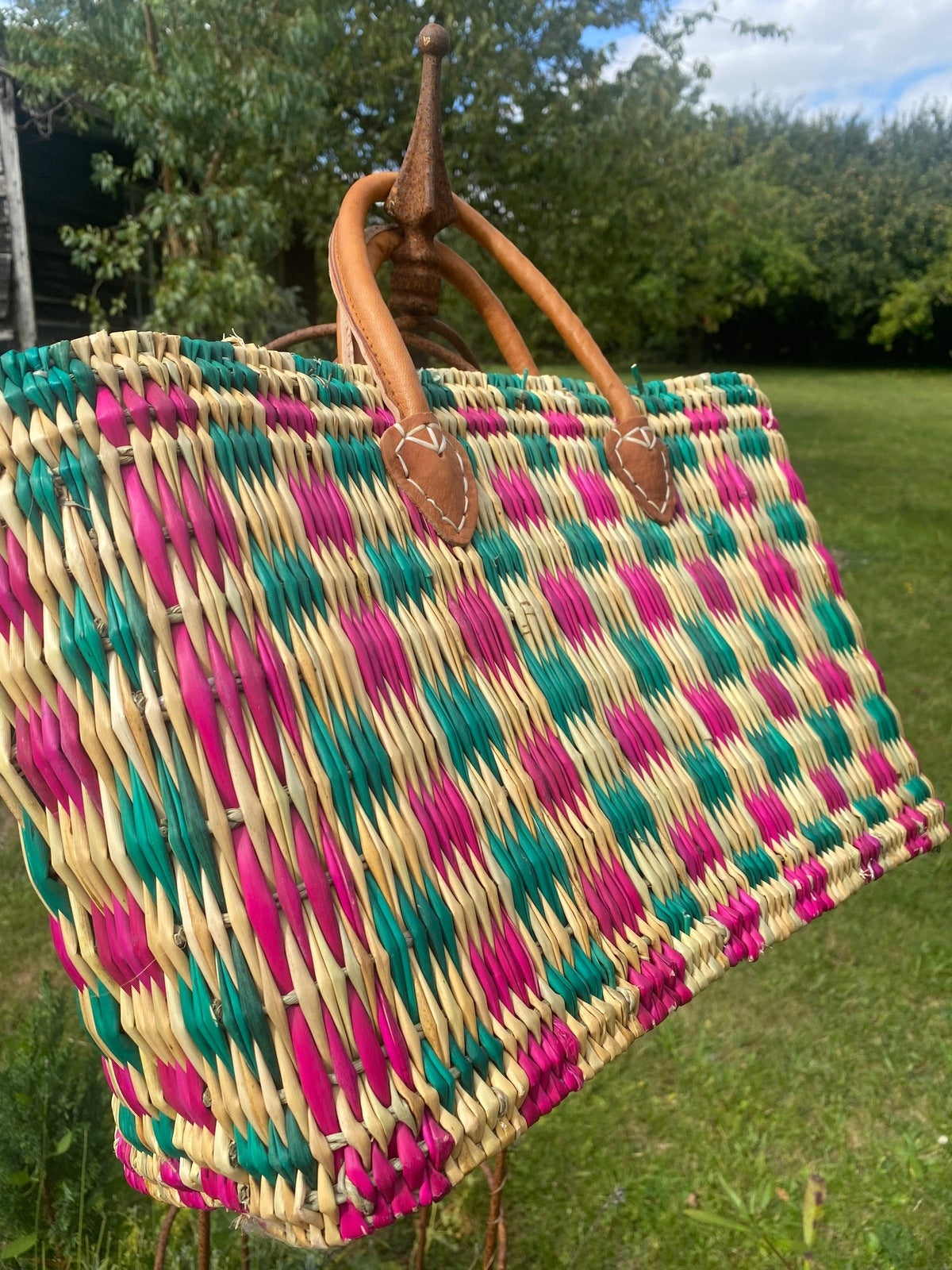 Woven checkerboard basket - pink and green