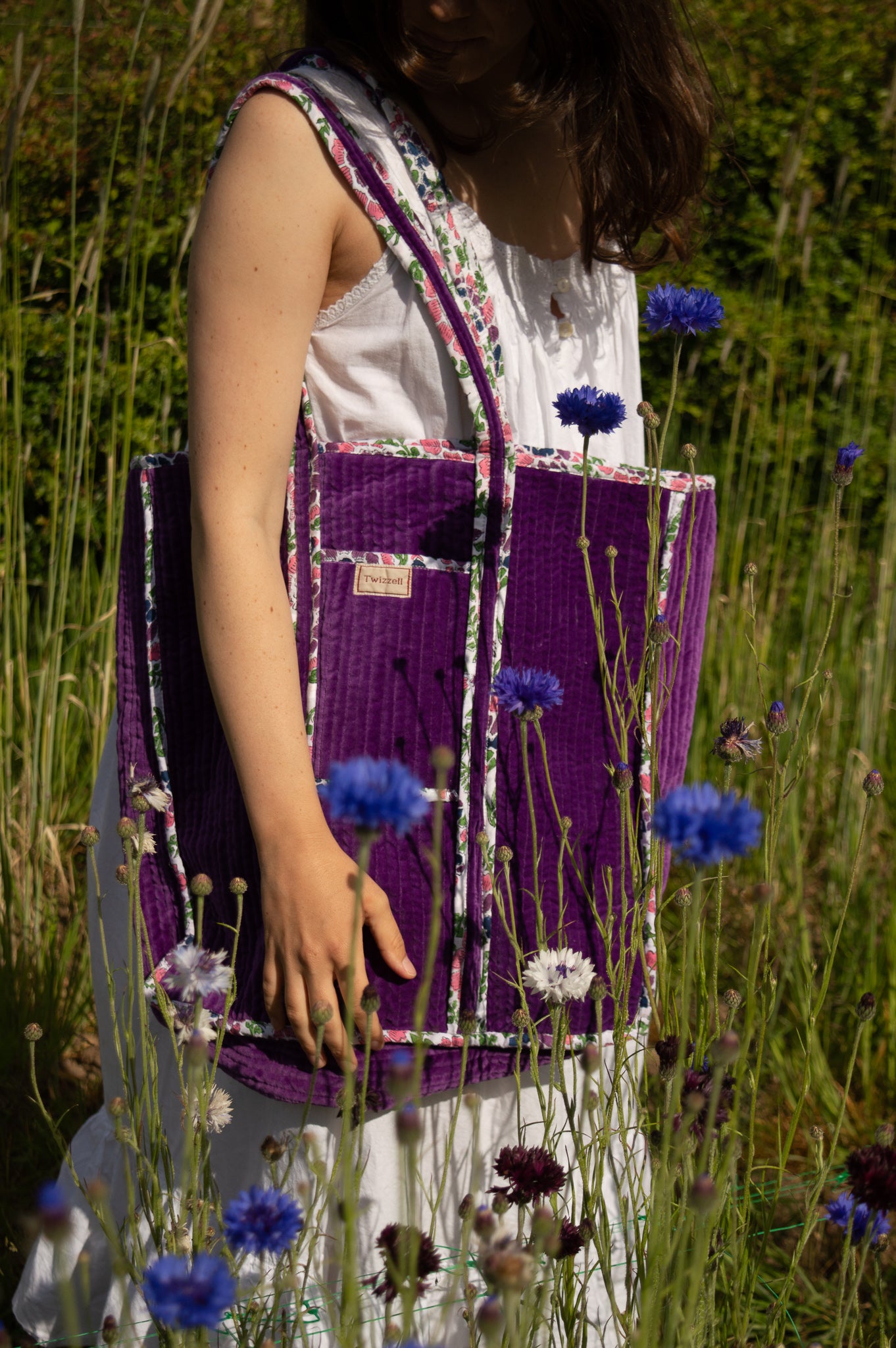 Velvet Reversible Bag - Purple and Peacock Feather