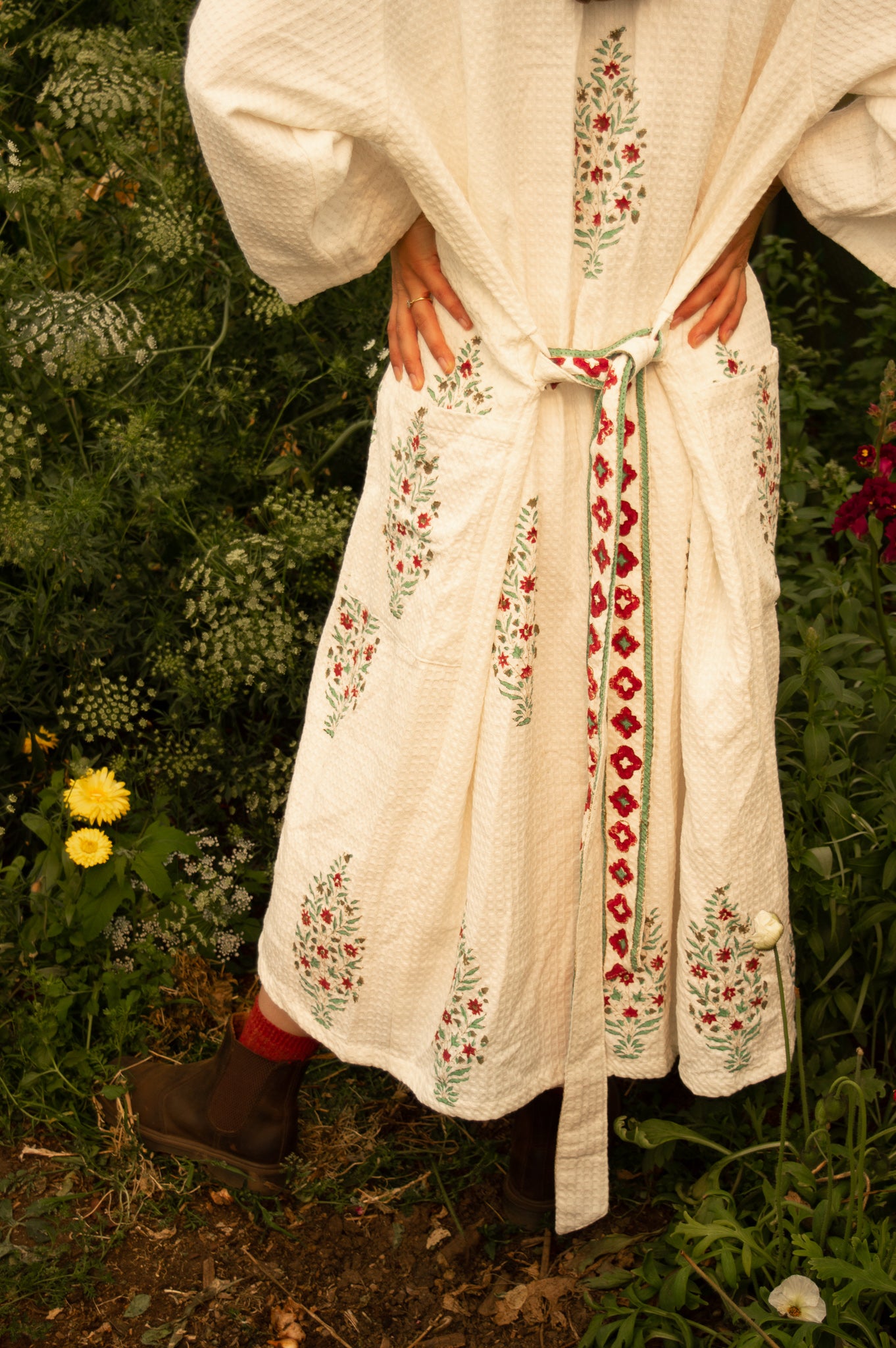 Cotton Waffle Indian Block Print Dressing Gown - Burgundy Tree