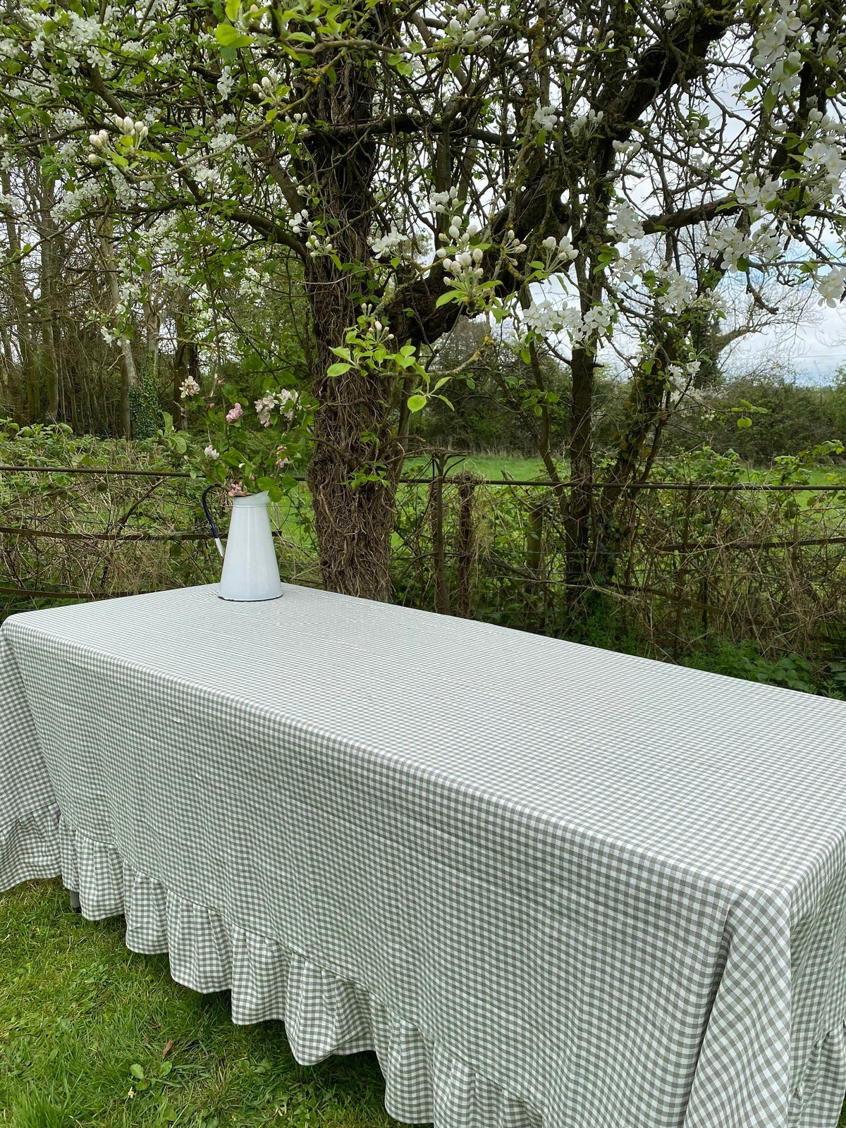 Sage Gingham Ruffle Tablecloth
