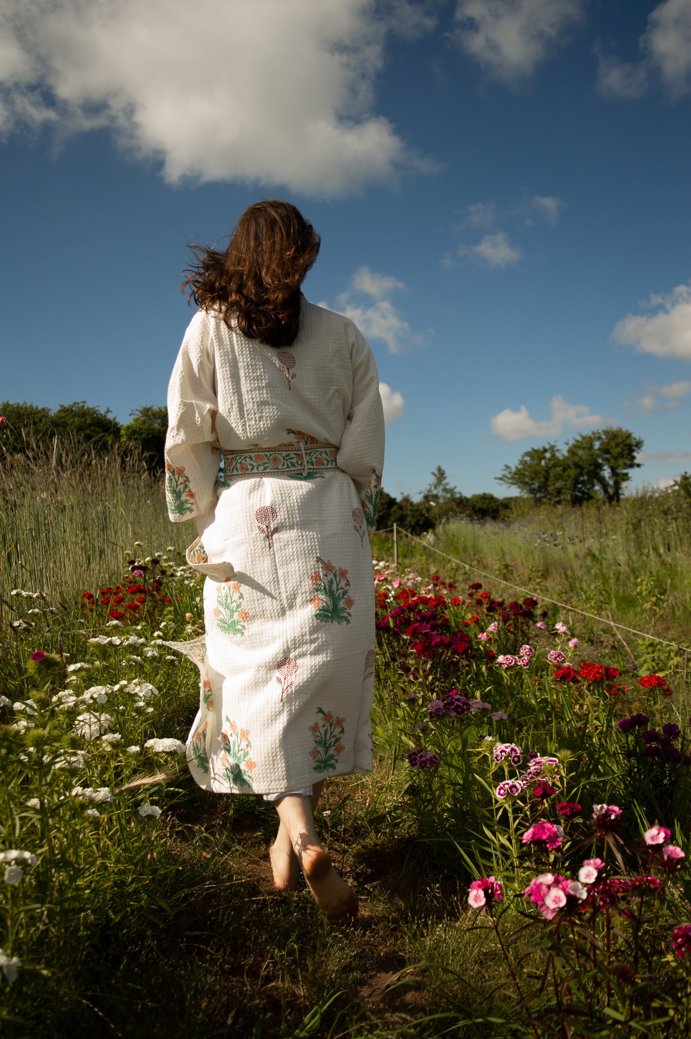 Cotton Waffle Indian Block Print Dressing Gown - Peach and Burgundy Flower