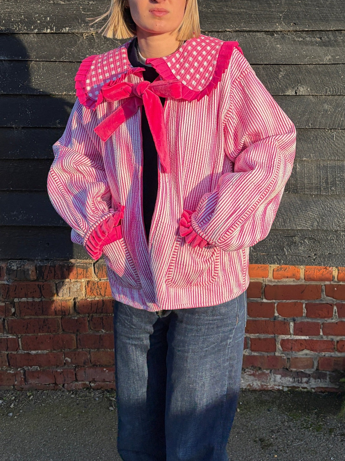 Sailor Collar Reversible Jacket - Pink Gingham