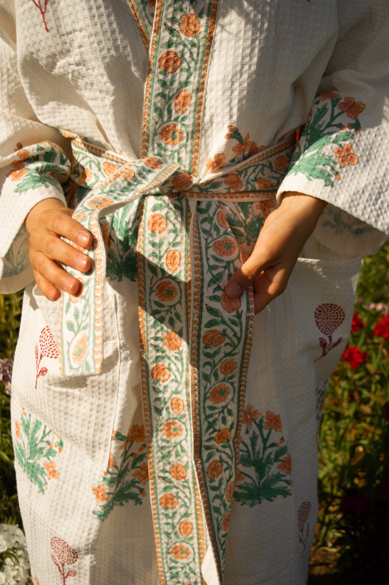 Cotton Waffle Indian Block Print Dressing Gown - Peach and Burgundy Flower