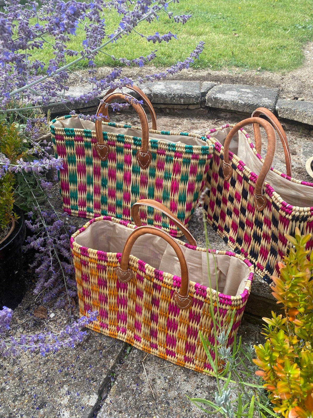 Woven checkerboard basket - pink and green