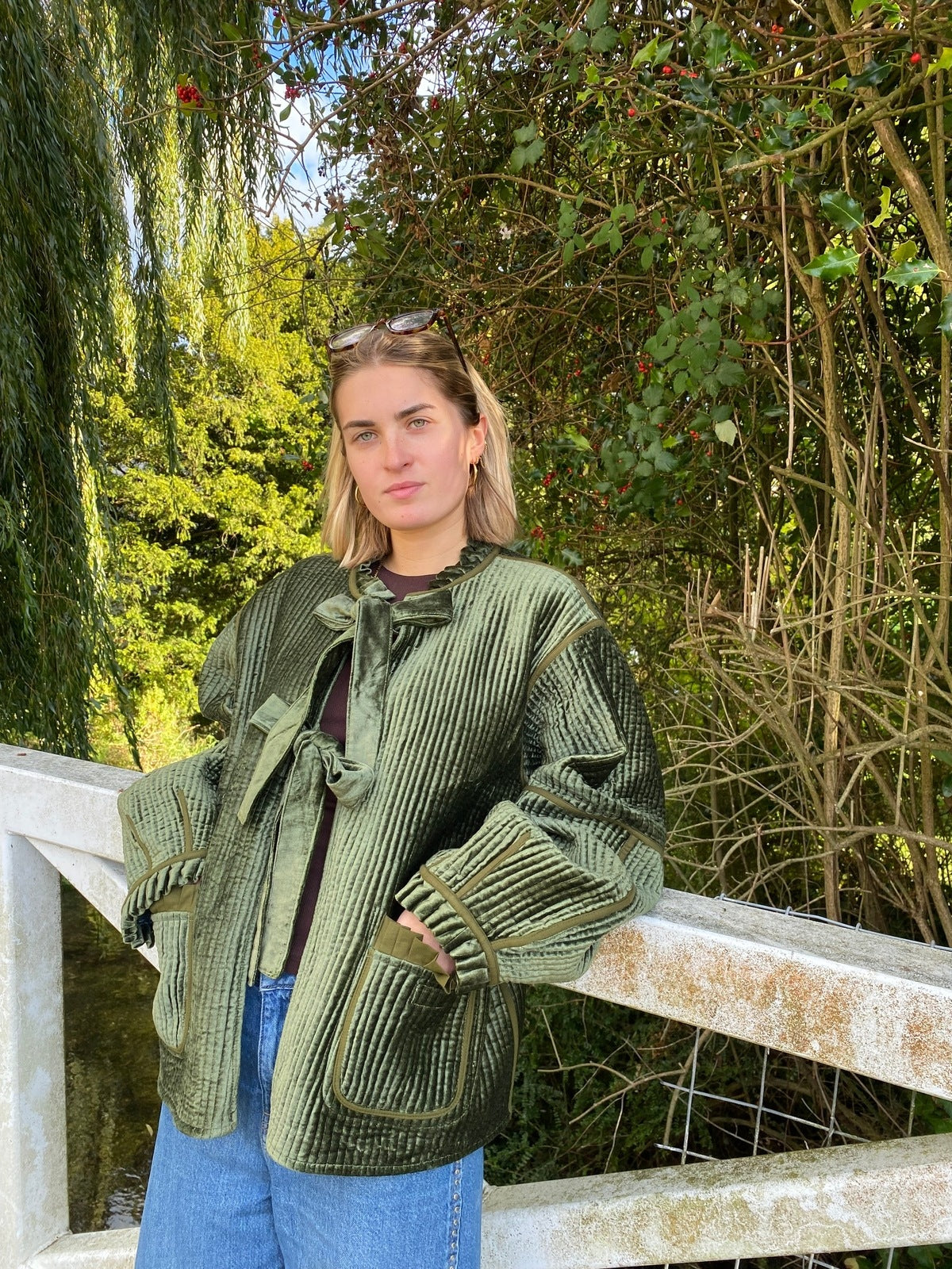 Reversible Jacket - Green Velvet with Blue Floral Reverse