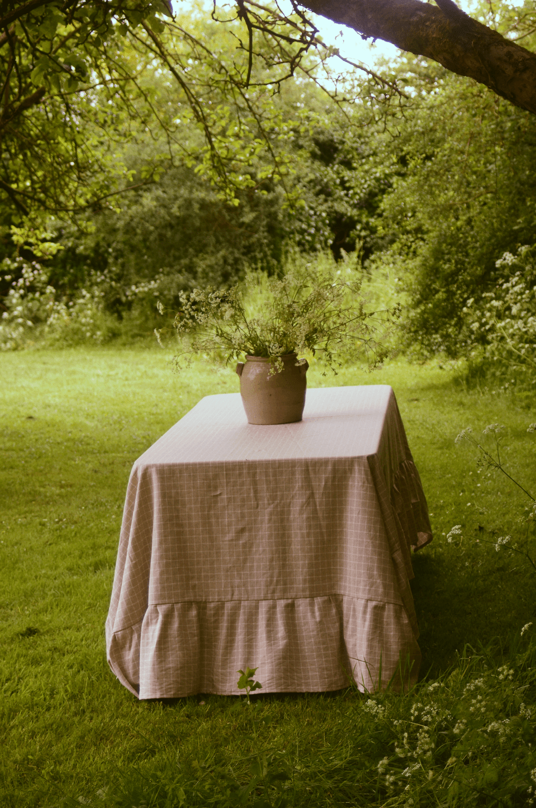 Beige Check Ruffle Tablecloth