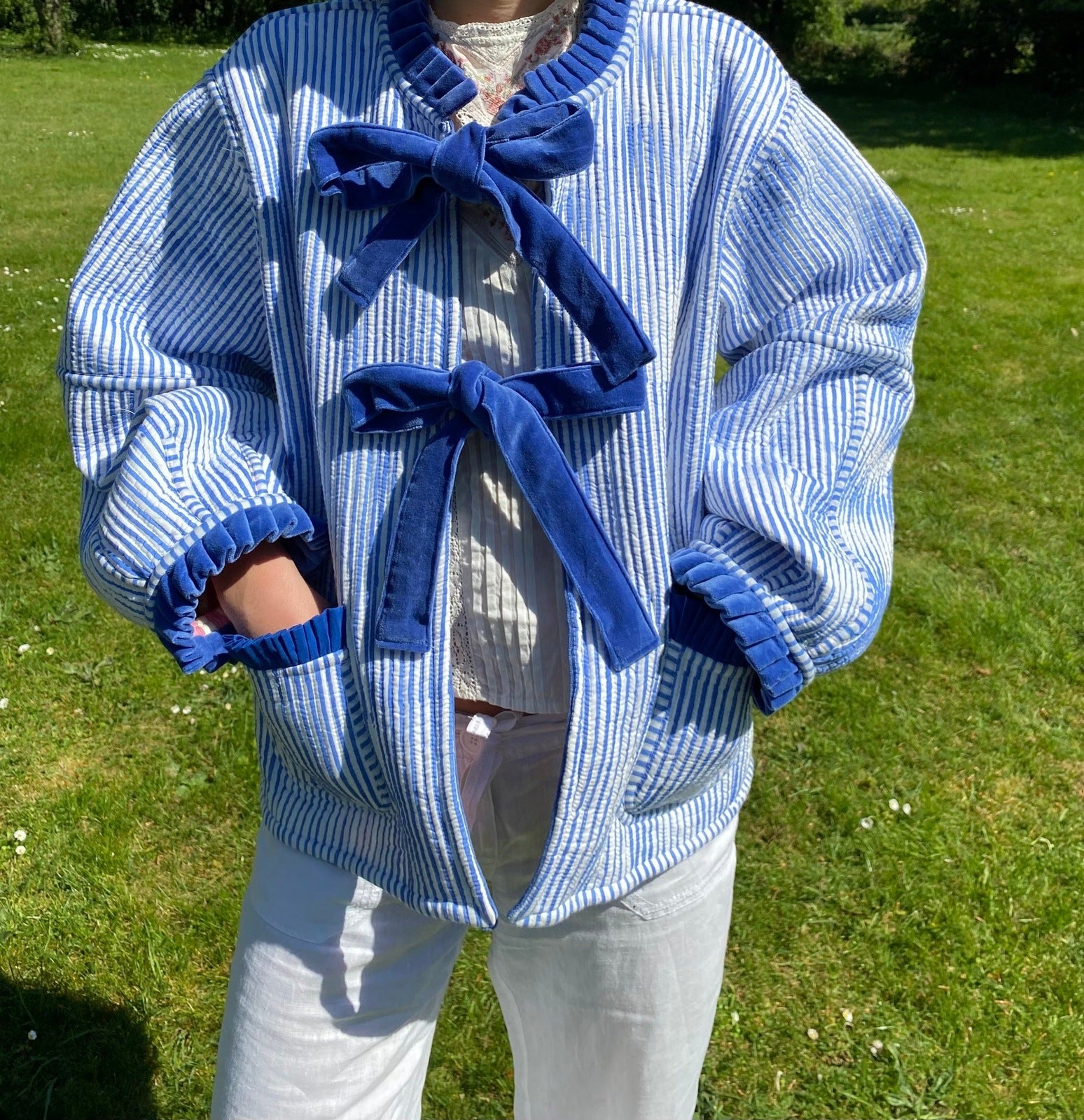 Liv Reversible Jacket - Pink and Cream Stripe with Blue and White Stripe Reverse