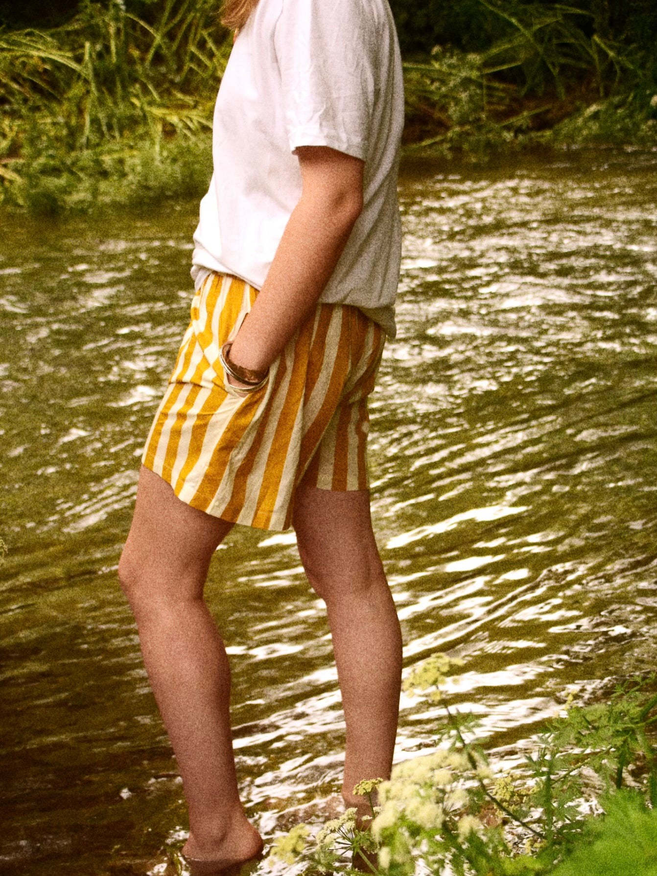 Unisex Indian Block Print Shorts - Yellow Stripe