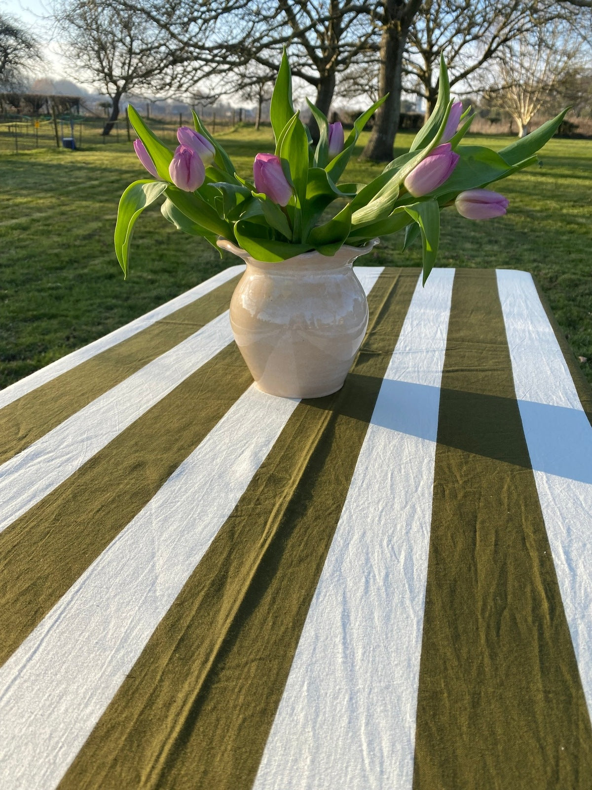 Indian Block Print Tablecloth - Khaki Stripe