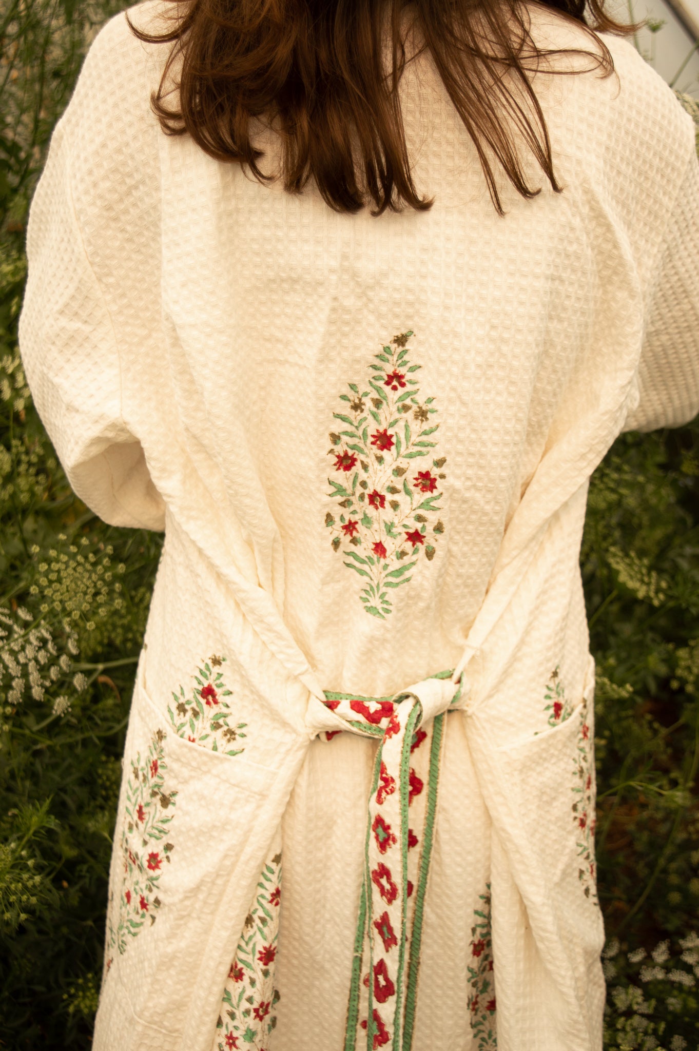 Cotton Waffle Indian Block Print Dressing Gown - Burgundy Tree