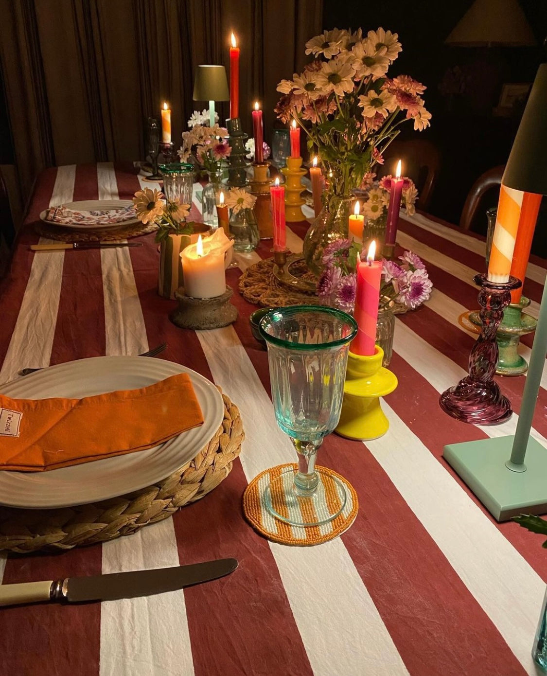 Indian Block Print Tablecloth - Merlot Stripe