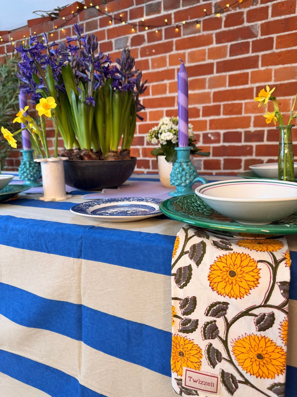 Blue and Beige Stripe Tablecloth