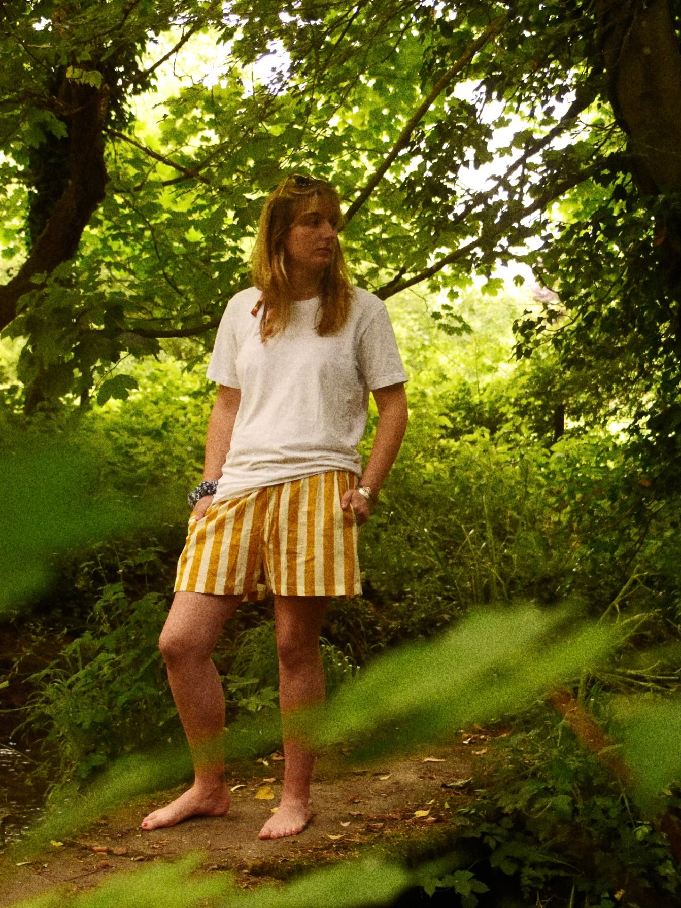 Unisex Indian Block Print Shorts - Yellow Stripe