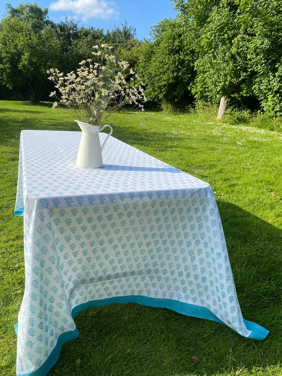 Indian Block Print Tablecloth - Blue Coral