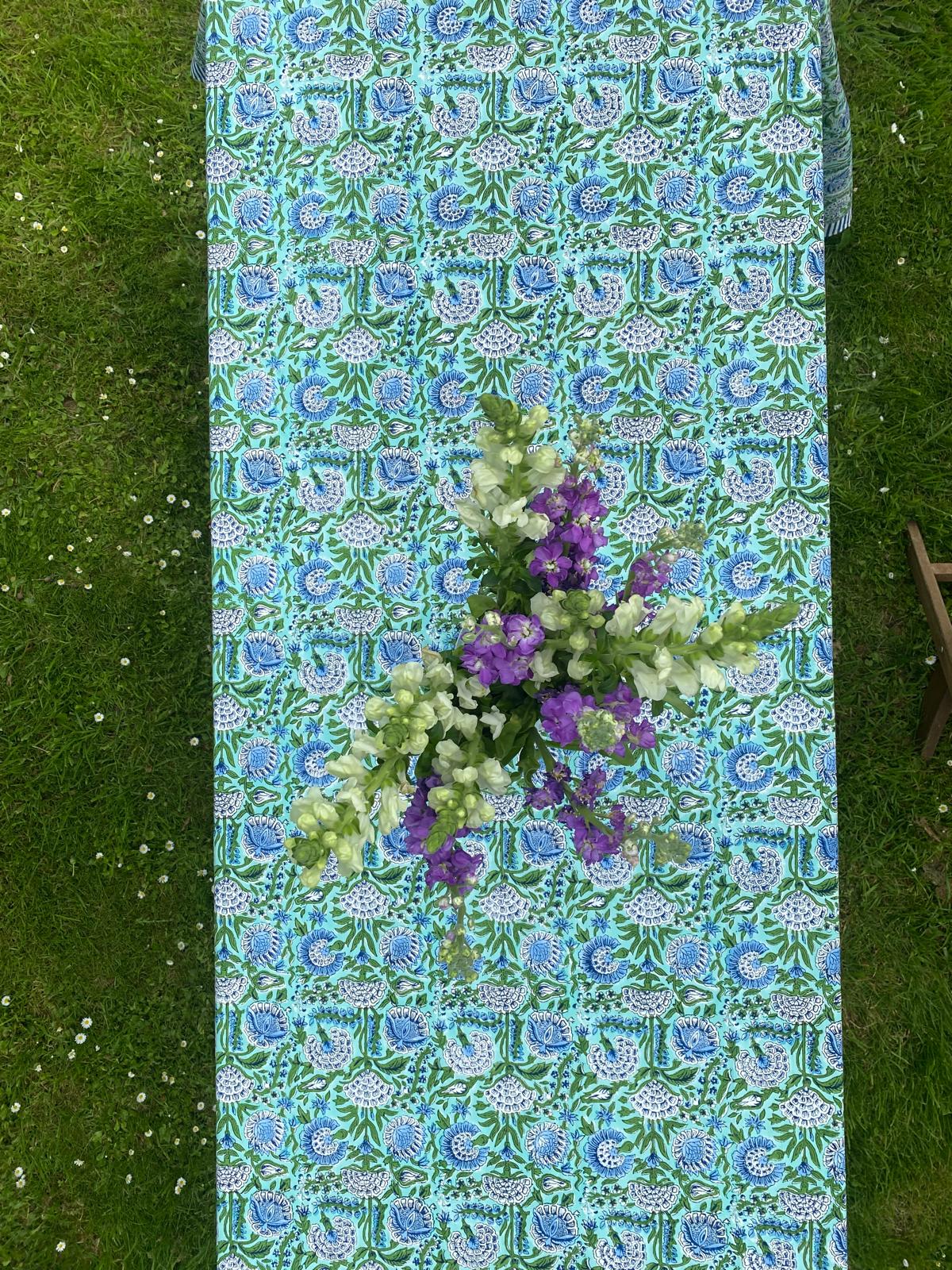 Indian Block Print Tablecloth - Green and Blue