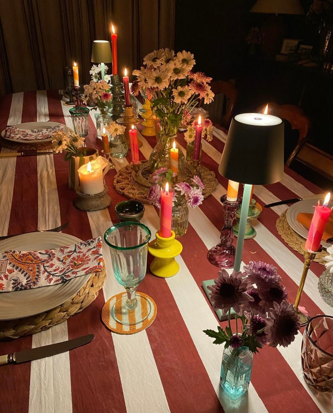 Indian Block Print Tablecloth - Merlot Stripe