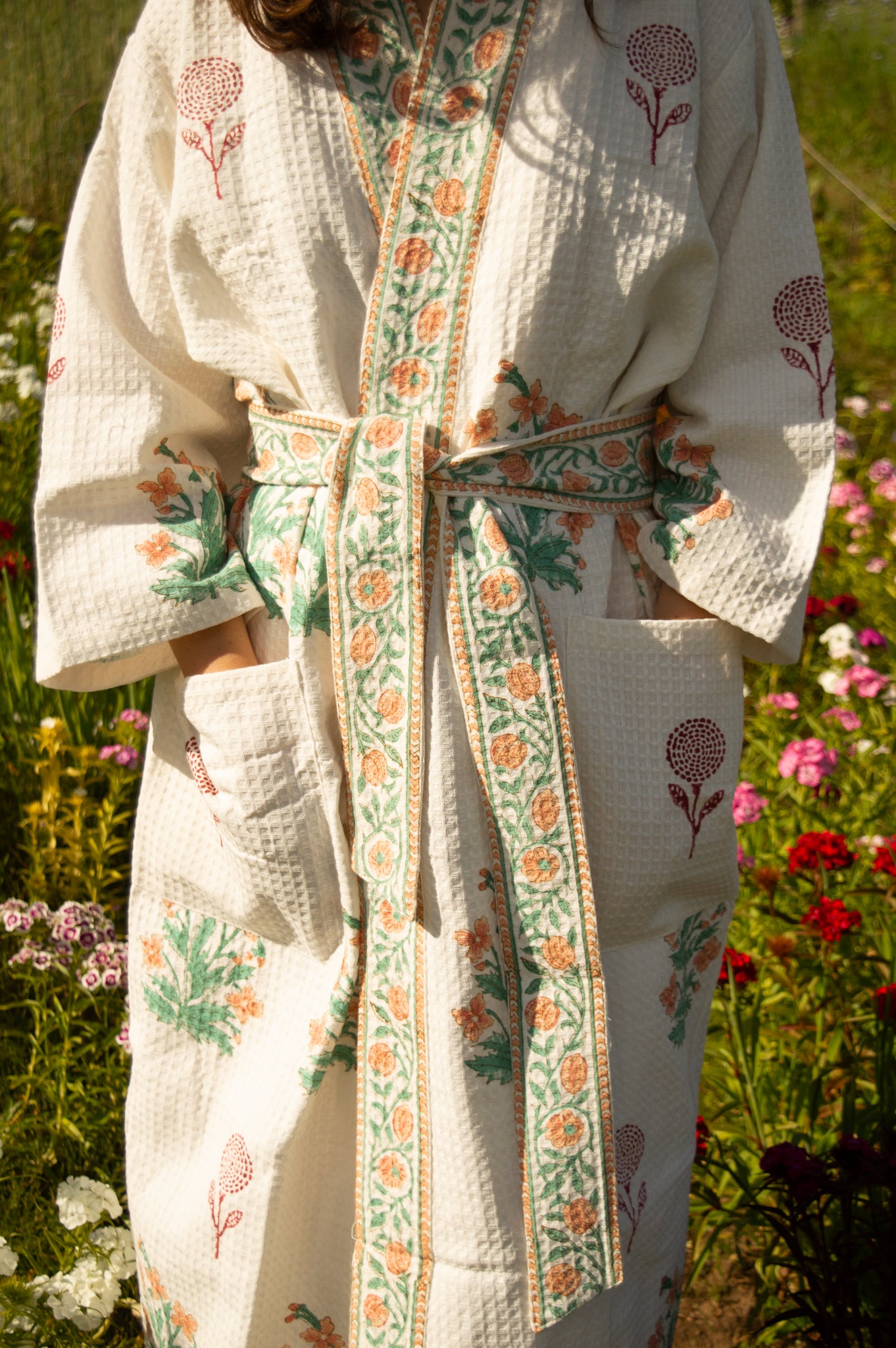 Cotton Waffle Indian Block Print Dressing Gown - Peach and Burgundy Flower