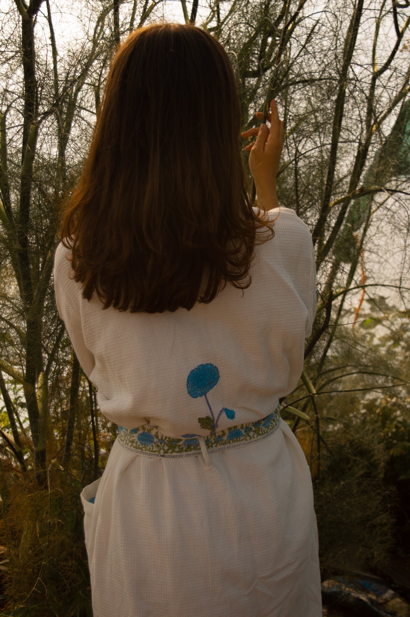 Cotton Waffle Indian Block Print Dressing Gown - Blue Pom Pom Flower
