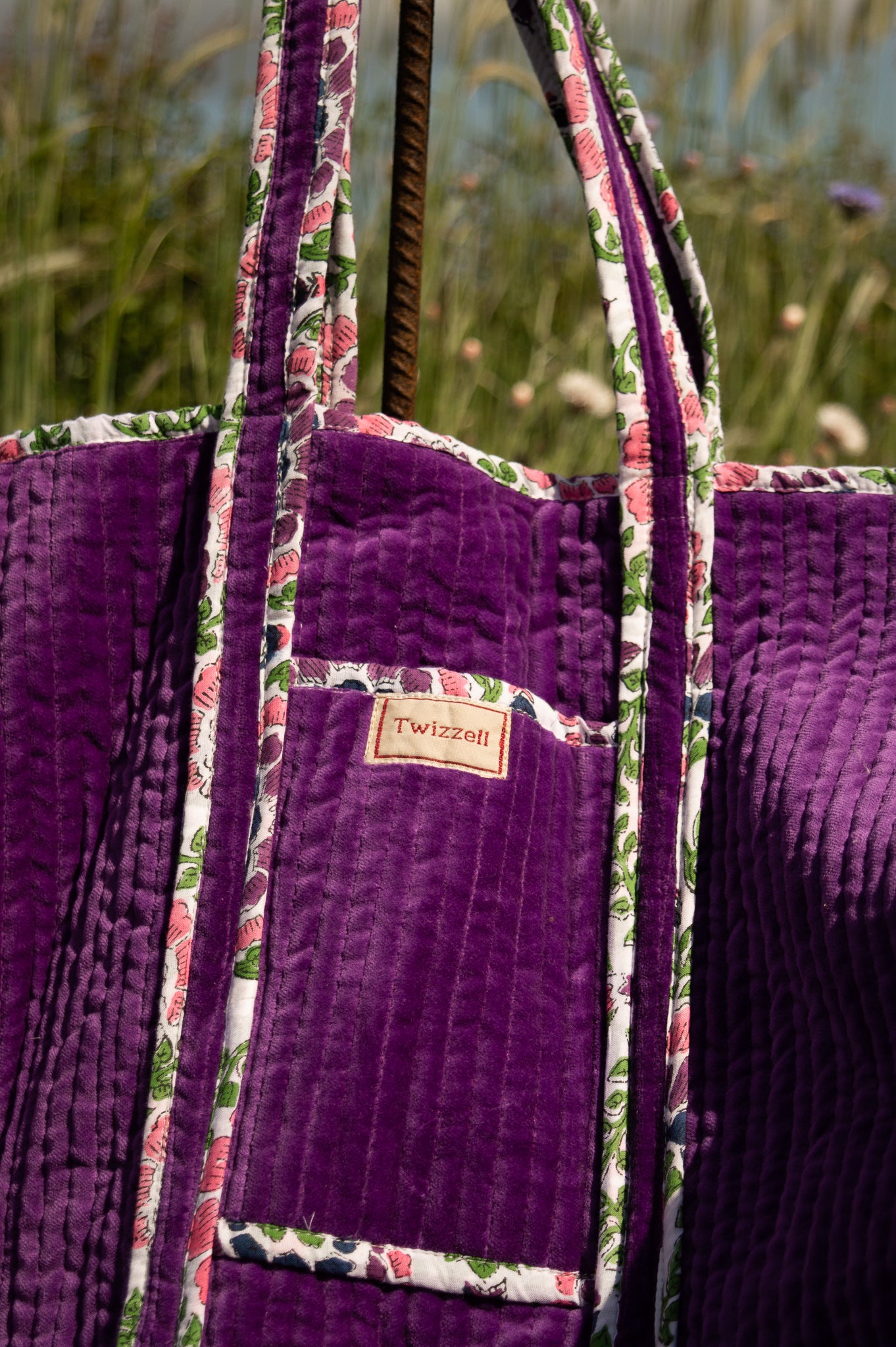 Velvet Reversible Bag - Purple and Peacock Feather